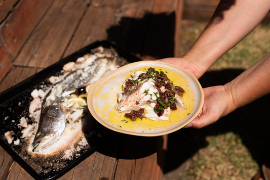 pink lake salt-baked barramundi with kalamata olive & tarragon dressing