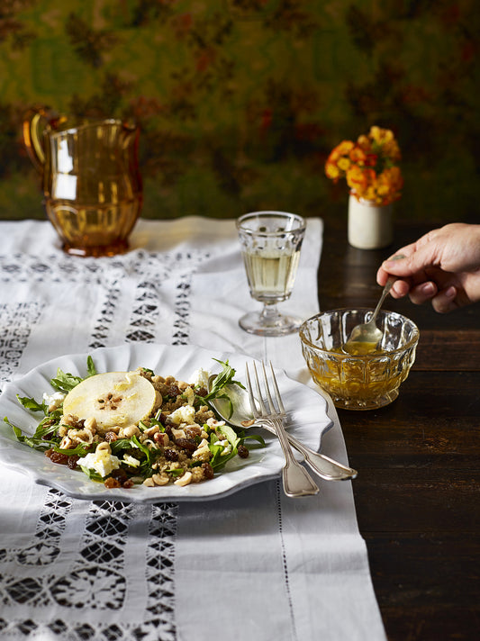roast quinoa salad with nashi pear, hazelnut, sultanas & rocket