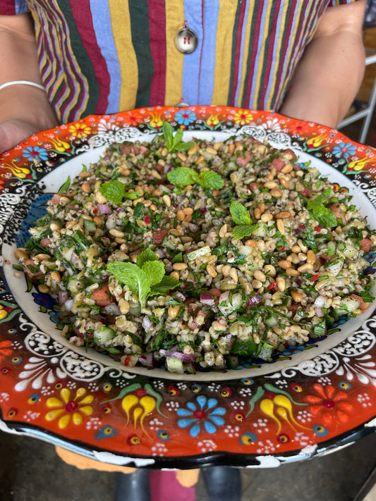 cracked freekeh tabouli with pomegranate dressing