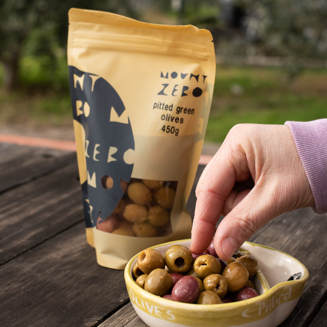 pitted green olives pouch
