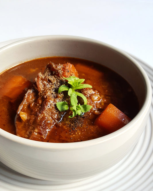 beef cheek, vegetable & winter grains stew