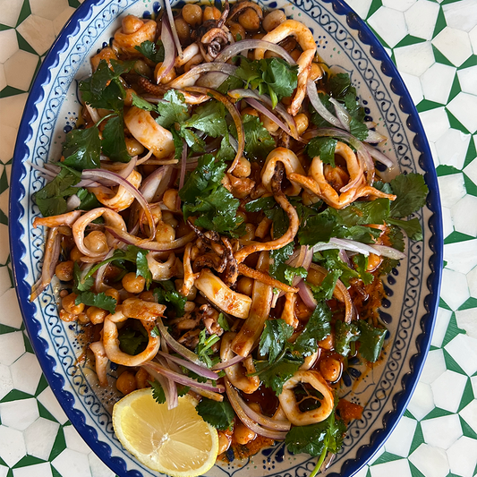 pink lake salt & pepperberry squid with harissa chickpeas