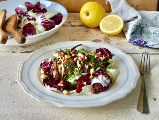 spiced grilled chicken with fennel, radicchio and bergamot pressed olive oil