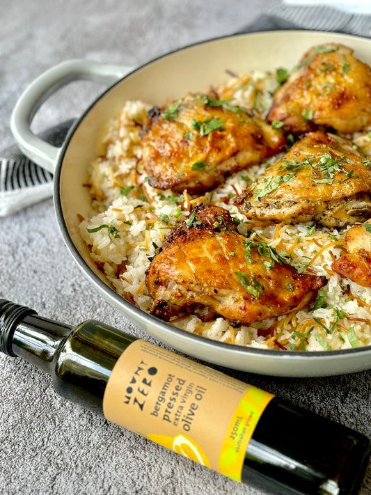 marinated roast chicken thighs with bergamot pressed olive oil