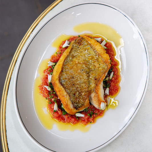 john dory with tomato, pearl barley, broad bean and wild garlic