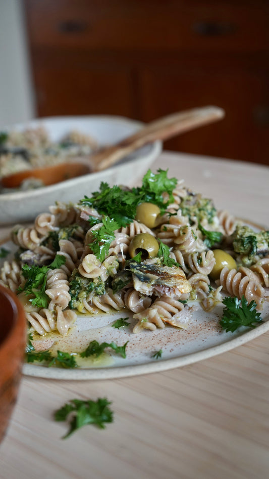 Pitted Green Olive & Basil Pesto & Spelt Fussili