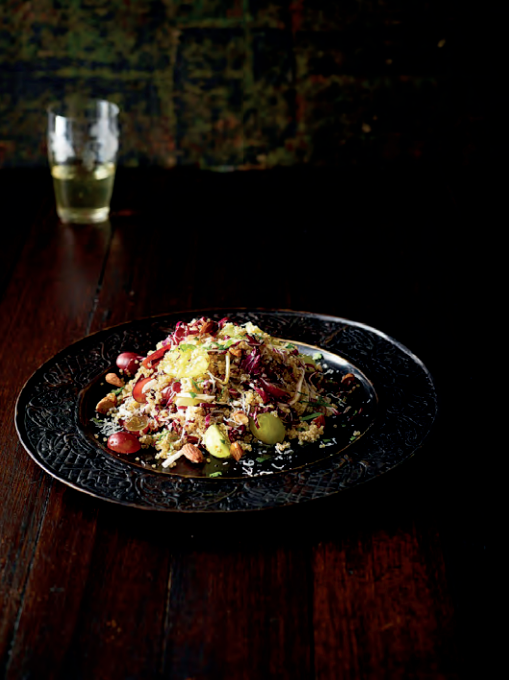 quinoa salad with grape, radicchio, almond & pecorino