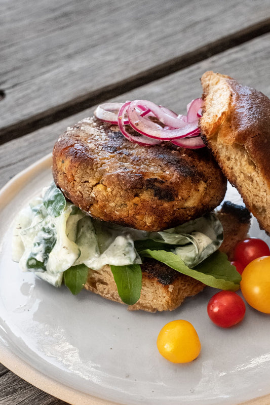 faba burger with quick tzatziki