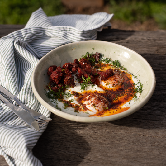 turkish eggs with sujuk & chilli pressed extra virgin olive oil