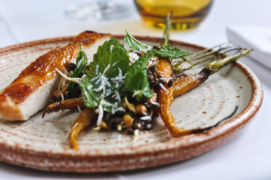 nomad pastured chicken breast with lentil salad & fondant carrots