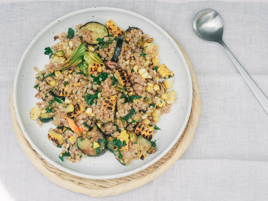 chargrilled corn, zucchini & farro salad with yuzu miso dressing