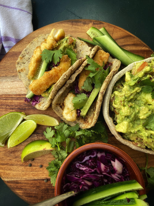 fish tacos with lentil tortillas