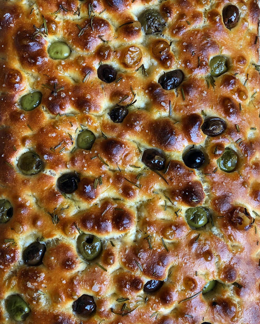 olive, rosemary & pink lake salt whole wheat focaccia