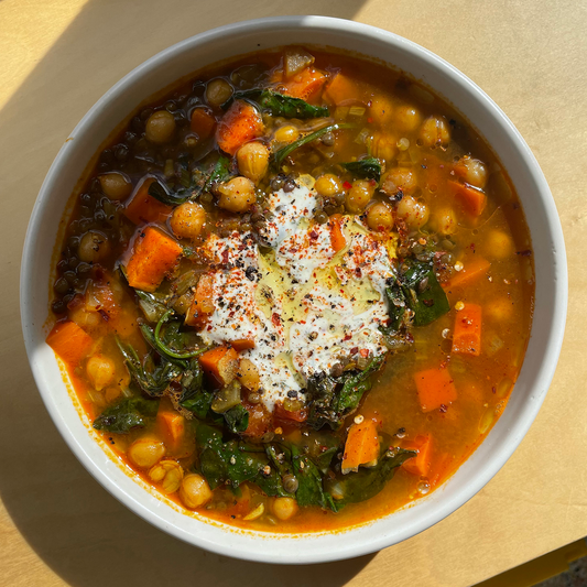 spiced chickpea, carrot, lentil & spinach soup with dill yoghurt