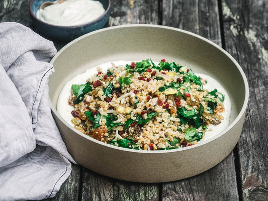 freekeh salad with smoky eggplant yoghurt