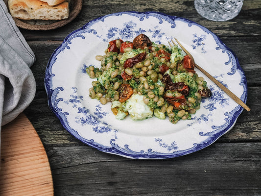 haricot beans with slow roasted tomatoes & buffalo mozzarella salad