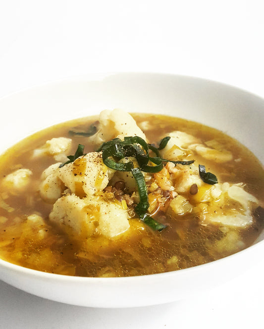 cauliflower, leek & grains soup