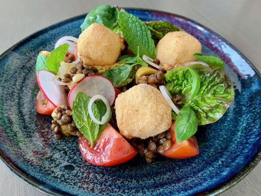 heirloom tomato and celery salad with green lentils, pine nuts and crispy kashkaval cheese