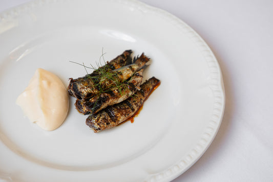 grilled sardines, orange & chilli gastrique w/ mount zero olive oil