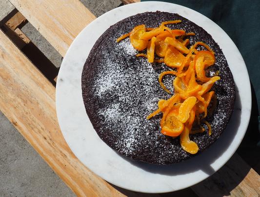 mandarin pressed olive oil & chocolate cake with candied mandarin