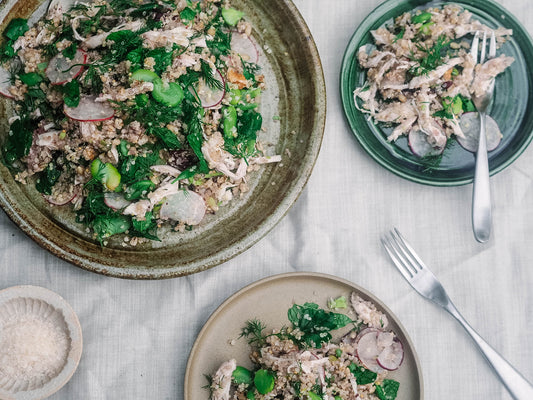 mixed grain, poached chicken & broad bean salad