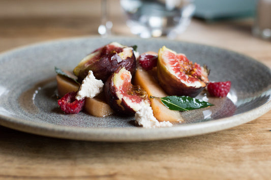 verjus-poached quinces with fresh fig & honey-whipped ricotta