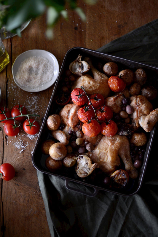 roast chicken with olives, tomatoes & potatoes