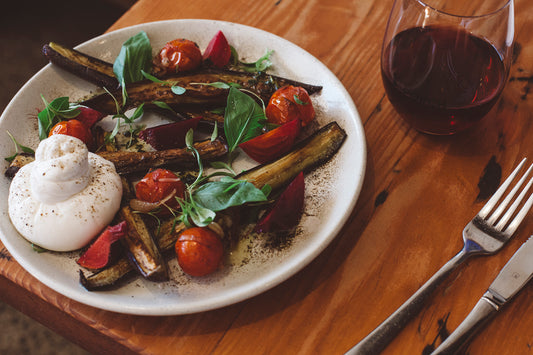 roasted eggplant & cherry tomatoes w/ burrata mozzarella