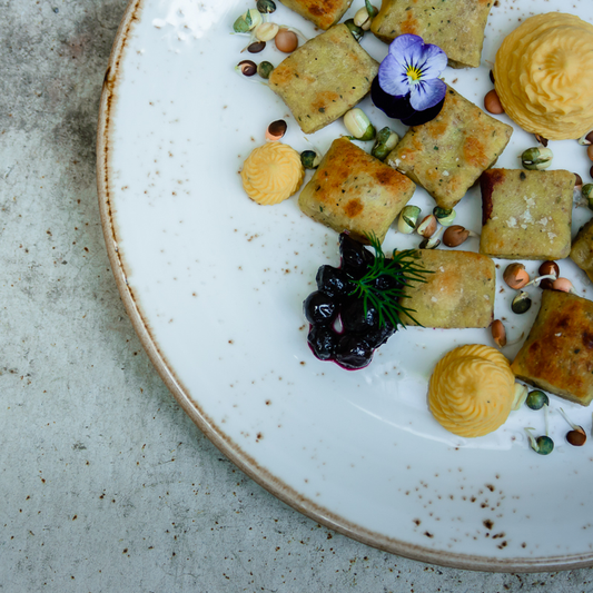 ricotta & rye gnocchi with pumpkin mousse, blueberry compote & sprouted lentils