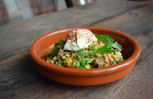 roast pumpkin & freekeh salad with pedro ximenez soaked currants