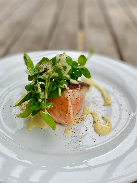 crispy skin salmon with watercress & creamy mustard dressing