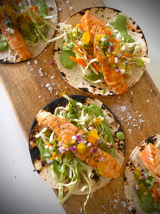 huon salmon taco with coriander dressing & salsa