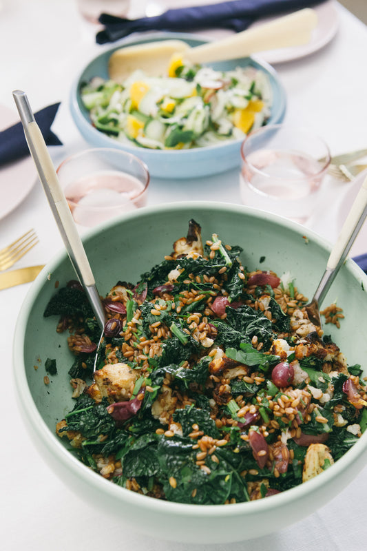 mount zero pearled farro, roasted cauliflower, kale & blistered grape salad