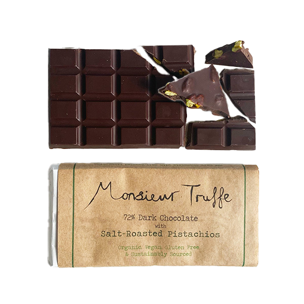 monsieur truffe 72% dark chocolate bar with salt roasted pistachio