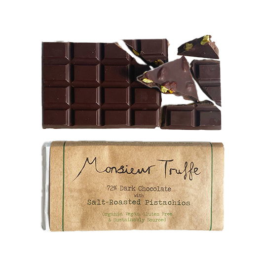 monsieur truffe 72% dark chocolate bar with salt roasted pistachio