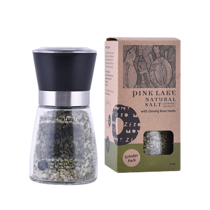 pink lake salt grinder with glenelg river herbs