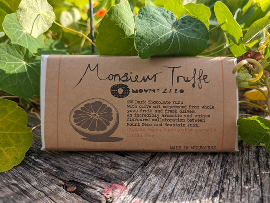 monsieur truffe x mount zero 65% dark chocolate with yuzu pressed olive oil