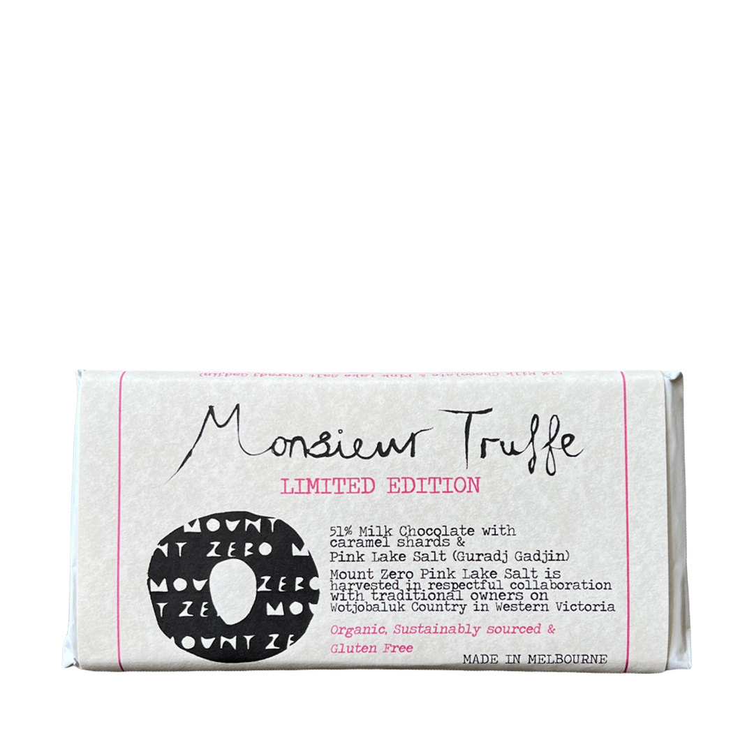 monsieur truffe x mount zero 51% milk chocolate with pink lake salt and caramel specks