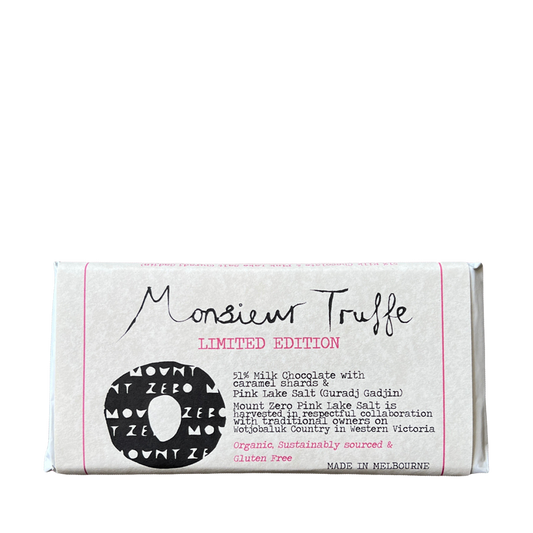 monsieur truffe x mount zero 51% milk chocolate with pink lake salt and caramel specks