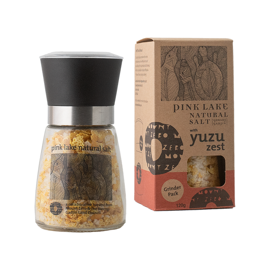 pink lake salt grinder with yuzu zest